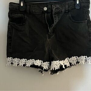 Black Denim Shorts with Lace Trim